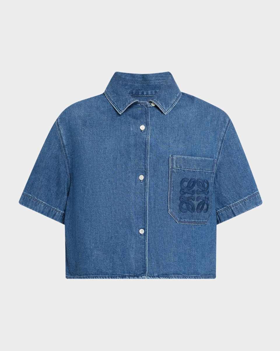 Anagram Pocket Short-Sleeve Crop Denim Shirt